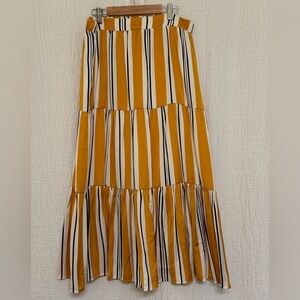Nine West Mustard Yellow & Black Striped Tiered Maxi Skirt | Size M